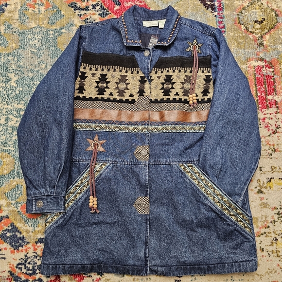 220 Hickory Women’s Aztec Denim Jacket Size Large Blue Chore Barn Western - Picture 1 of 8
